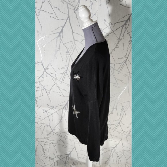 Tocco D'Oro Black Knit Stars Sequin V-Neck Sweater - Picture 3 of 5